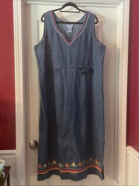 Vintage 90's Blue Embroidered Dress Plus Size 22/24 Retro Boho Cottage core